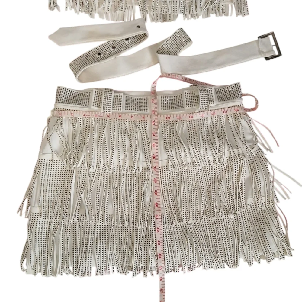 Nylon Apparel Fringe Crop Top & Skort Set With Belt/White/Large/Western‎